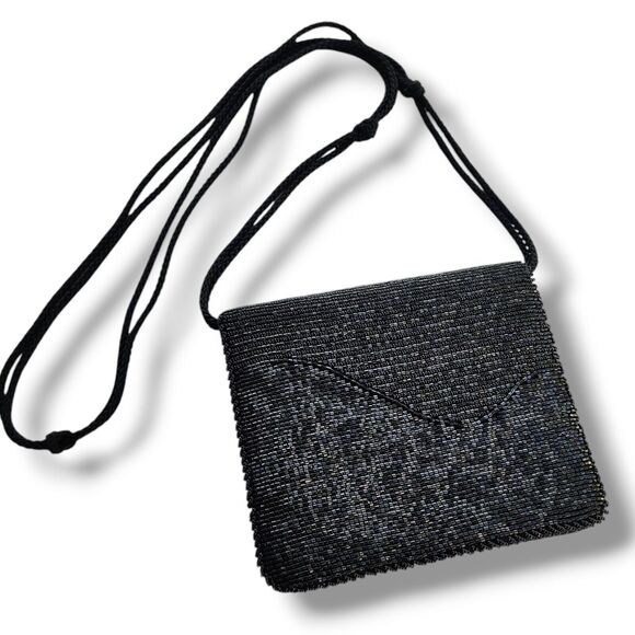 Diane Von Furstenberg Beaded Shoulder Clutch Evening Bag Black Satin Vintage - Picture 1 of 9